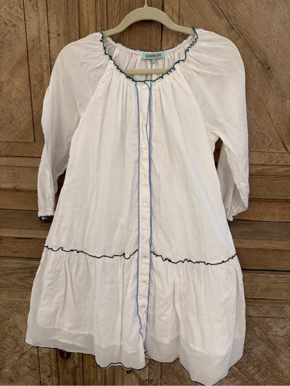 Samson White Button-Front Dress with Blue Trim